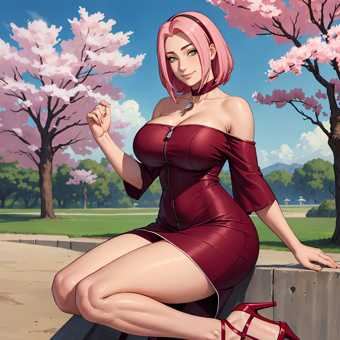 (((sexy off shoulder dress))), Obra maestra， La mejor calidad en el mejor de los casos， 1girll， Sakura Haruno， (((senos enormes)))，((hombros ????????))，（((((escote)))))，（Primer plano de la parte superior del cuerpo)，sexy，is shy，smil，con cabello rosado， Pelo largo blanquecino， （ojos verdes:1.4)， Forehead protection， Los cerezos，Cerezos en flor volando, ((((Figura tetona)))), :1.1, :1.1, Ahegao:1.1,(Huge big  ),Media cremallera, mostrando sus grandes tetas, Mirando al espectador, Hermosos ojos, sonrisa seductora sexy, belleza sensual, GIRL sole, tetas perfectas
