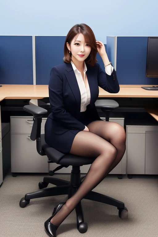full shot photo of the world's most beautiful office lady in a random suit、milf, ((( whole body from head to toe))), (((sit on a chair, Knee, legs crossed ))), (((The office lady's jacket and blouse are half open in front))), look at the camera, cute smile, modern office, Random Sexy Poses, high detail, popup, beautiful woman in an office lady suit , Protruding nipples reflected in blouse, super mini tight skirt, ((No.)), See-through fabric blouse, photorealistic, white and beautiful skin, Sweaty, shiny skin, Professional Writing、sexy garter stockings、 Naughty Garter Stockings 、sexy black high heels、 necklaces 、 Bracelets 、earrings、 ring、 Watch 、full body shot