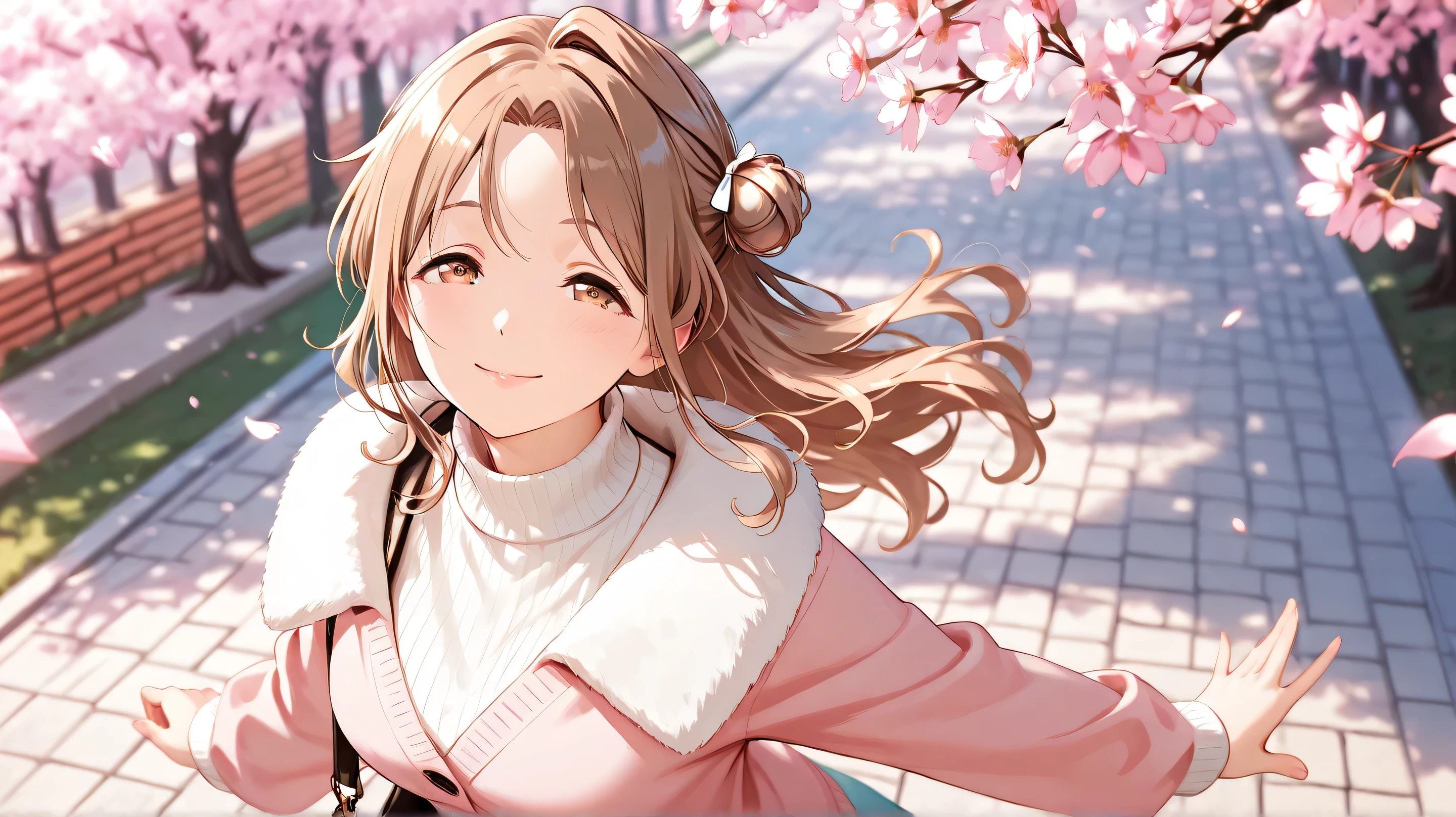 insanely detailed,  
She is beautiful,  
sharp focus(1.3), clear lines, crisp edges,  
beautiful eyes, detailed irises, gentle shading,  
clear eyes, fair skin, soft pink lips,  
tousled hair(1.5), delicate strands, silky smooth, floating hair,  
ichikawa_hinana, bag, sweater, brown hair, brown eyes, messy long hair,  
single side bun, parted bangs, fur-trimmed jacket, turtleneck, pantyhose, casual outfit.  
cinematic lighting,
Cherry blossom petals dancing in the wind,
ideal for a foreign movie or fashion magazine shoot. 
2D anime style(1.7),  
bird’s-eye view, **through cherry blossom branches**, **framed by cherry blossom branches**,  
brick-paved park walkway, cherry blossom tree-lined street,  
soft pink petals in foreground, gentle bokeh effect.  
**wide shot, depth of field effect, cinematic framing.**  
light smile, Cheerful, bright expression, enjoying smile.
silent awe, mesmerized by beauty,  
[closed eyes: (narrowed eyes:1.1), happy smile,
face shot, from front, extreme close-up view, 
cinematic angle
looking up
highly detailed face, refined body, flawless skin.  