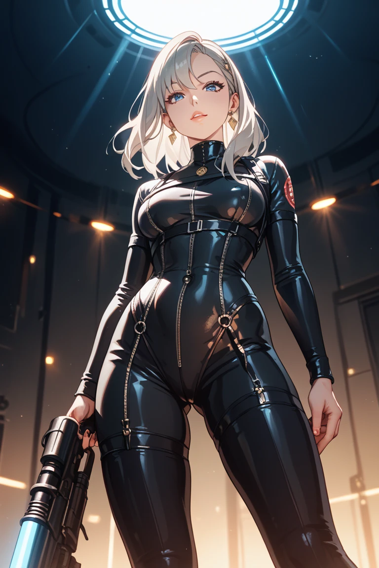 agirl, anime girl, mature woman, silver hair, hairpin, (silver latex set), opai cyberpunk, silver cyberpunk suit, silver full body set, silver web set, silver cyberpunk glossy latex set, ((silver long coat)), ((half-faced ghost mask)), (night background), cyberpunk, cyberpunk, (beautiful eyes, sharp eyes, cold face, full body), (high level of detail), perfect proportions, (big breasts), big ass