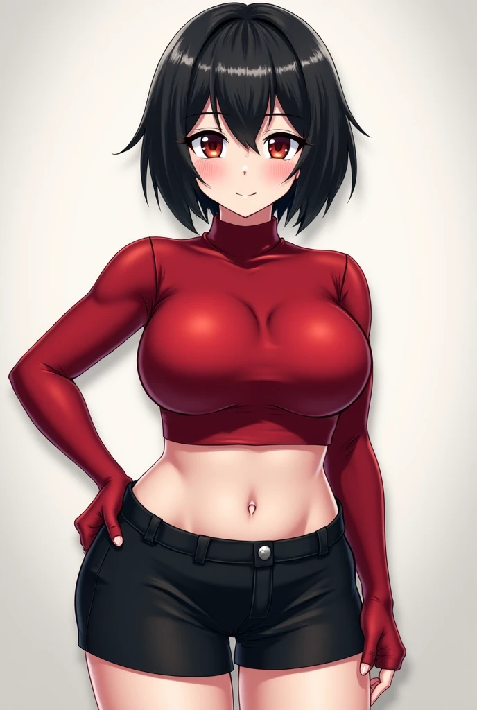 a beautiful girl with red hair wearing a black dress, detailed facial features, bob haircut, full body illustration, woman wearing a long black and red coat, solo character, white background, anime style, highly detailed, photorealistic, 8k, best quality, masterpiece, blue eyes, short hair