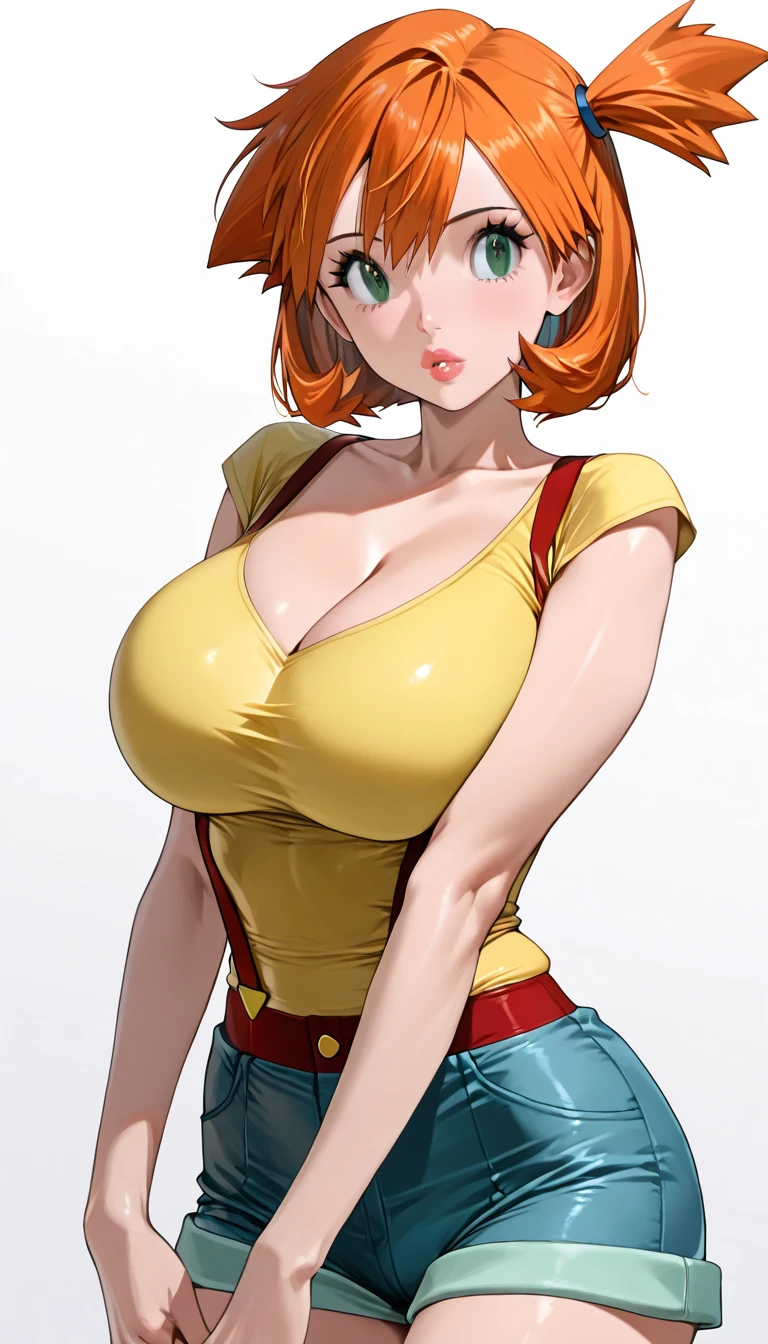 ((Masterpiece)), ((Best Quality)), Ultra High Resolution, HDR, absurderes, 8K, (1 girl), intricate details, ultra-detailed, dramatic lighting, blushing, smile, green eyes, short orange hair, bob hair, (black bikini and jeans), in a room, gorgeous girl, large breasts, gorgeous body, glossy skin, vivid colors, full body view, detailed illustration, detail background, shy, feminine, professional artwork, fit thighs, cleavage, close up