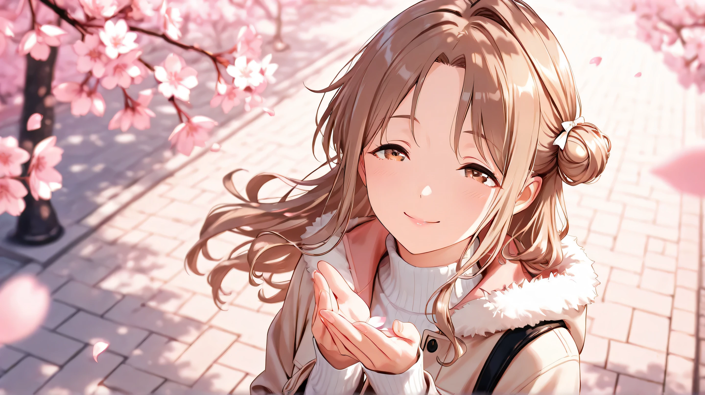 insanely detailed,
She is beautiful,
sharp focus(1.3), clear lines, crisp edges,
beautiful eyes, detailed irises, gentle shading,
clear eyes, fair skin, soft pink lips,
tousled hair(1.5), delicate strands, silky smooth, floating hair,
ichikawa_hinana, bag, sweater, brown hair, brown eyes, messy long hair,
single side bun, parted bangs, fur-trimmed jacket, turtleneck, pantyhose, casual outfit.
cinematic lighting,
Cherry blossom petals dancing in the wind,
ideal for a foreign movie or fashion magazine shoot.
1girl(1.7), solo(1.7),
Masterpiece, best quality, ultra-detailed, 8k resolution,
perfect anatomy(1.3), correct generation of hands(1.3), 4fingers and 1thumbs(1.3), visible hands in a natural pose(1.3), both hands clearly visible(1.3), nice hands(1.3), perfect hand(1.3), fingernail(1.3),
2D anime style(1.7),
bird’s-eye view, **through cherry blossom branches**, **framed by cherry blossom branches**,
brick-paved park walkway, cherry blossom tree-lined street,
soft pink petals in foreground, gentle bokeh effect.
**wide shot, depth of field effect, cinematic framing.**
light smile, Cheerful, bright expression, enjoying smile.
silent awe, mesmerized by beauty,
[closed eyes: (narrowed eyes:1.1), happy smile,
face shot, from front, extreme close-up view,
cinematic angle
looking up
highly detailed face, refined body, flawless skin.