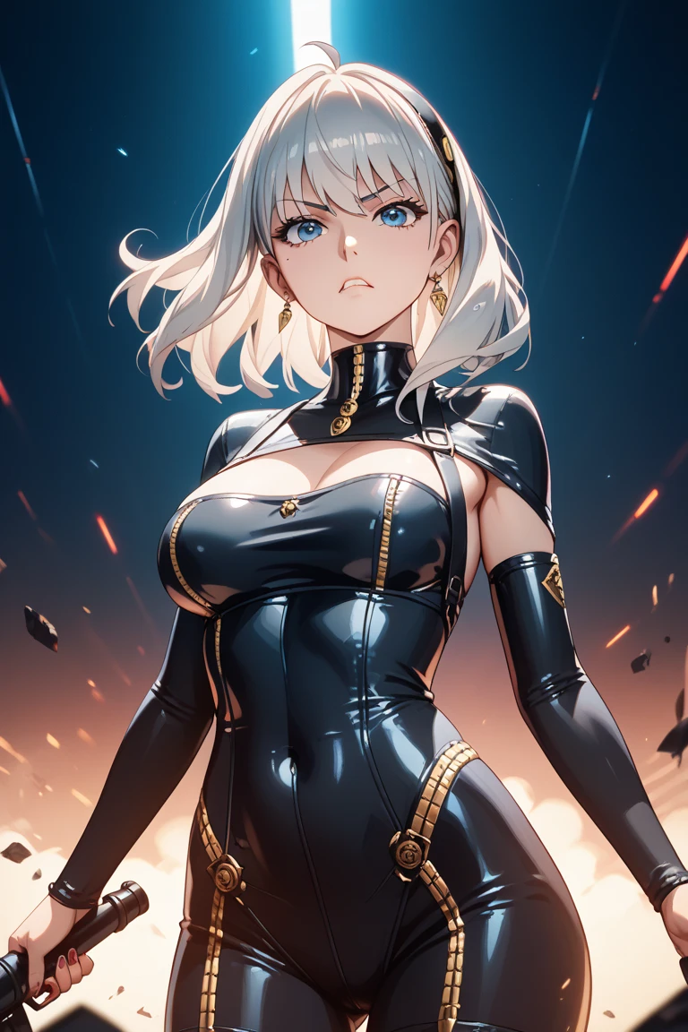 masterpiece, best quality, <lora:beta-nvwls-v1:0.9> beta, cape, (bodysuit:1.2), black leggings, gloves, upper body, large breasts, looking at viewer, orange background, gradient background