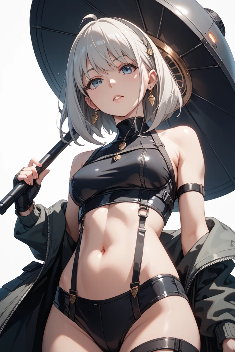 (((Tall Woman))), (High resolution), (Highest quality), (masterpiece), ((High resolution, 4K)), detailed, Super detailed, Complex details, androgen, ((Slime creature)), ((alone_Concentrated)), ((Slime)), Silver Hair, short hair, mature, beautiful, ((whole body)), Toned body, Sports competition, View your viewers, Armor, Cheeky, Closed_mouth, exudes a dark aura, Wearing a white shirt, ((tops:(Chain Mail)), (Leather panties that follow the hip joint))), ((gloves:(arm guard))), Simple Background, Threatening, Severe, Hunter, Large Breasts,NSFW, ((Wide open chest)), Hip and thigh skin