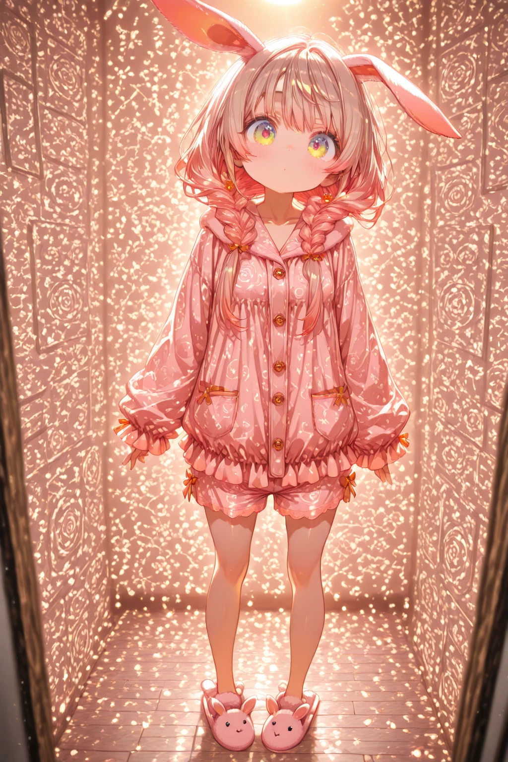 high definition、Super detailed、(girl around her neck:1.5)、( chibi:0.9)、exquisite detail、 depth field、natural light、professional lighting、 height 140 cm、cute face、Covered with hair so much that they are hidden in the eye、Clear, big eyes peeking through gaps in the hair、The hair is cherry colored、mossa mossa long encore cherry colored pajamas and shorts with lots of frills、anthropomorphic rabbit's ears hang cute、adorable rabbit slippers、they are far from the window glass as a whole、uncorrected、top quality、Accurate human body design diagram、perfect anatomy、 crayon art 、Abstract Patterns、