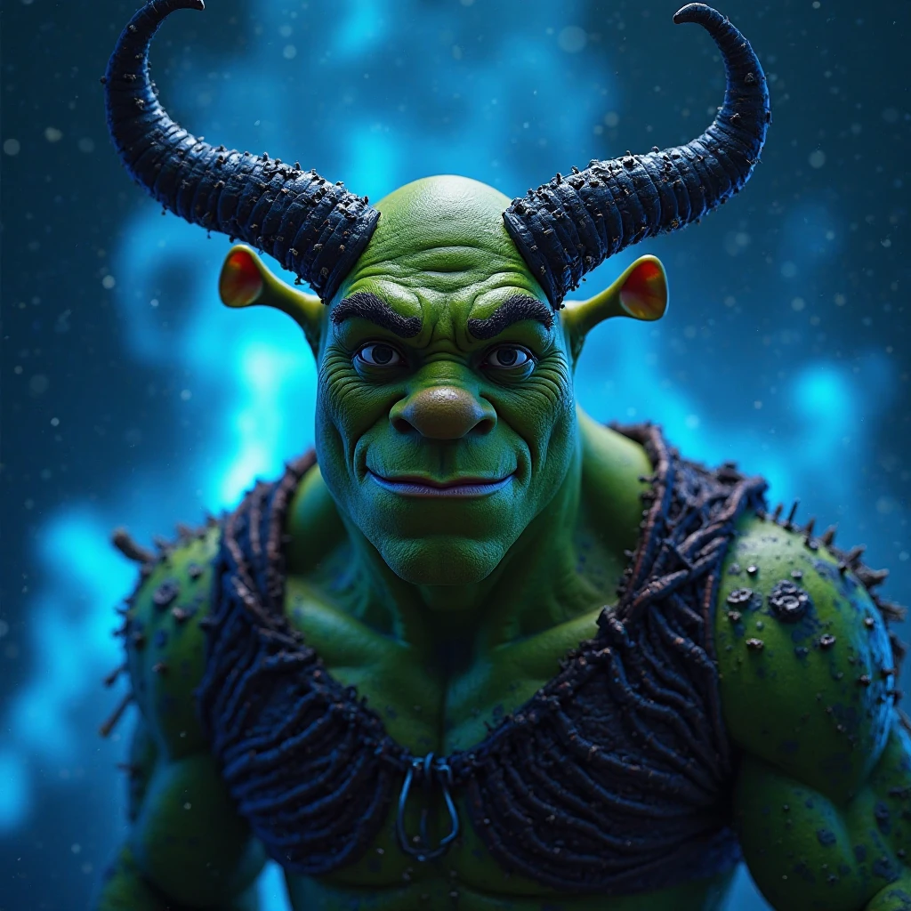 very Short and potbellied ugly green monster with little tiny horns wearing a loincloth, holding a wooden shield and a hammer