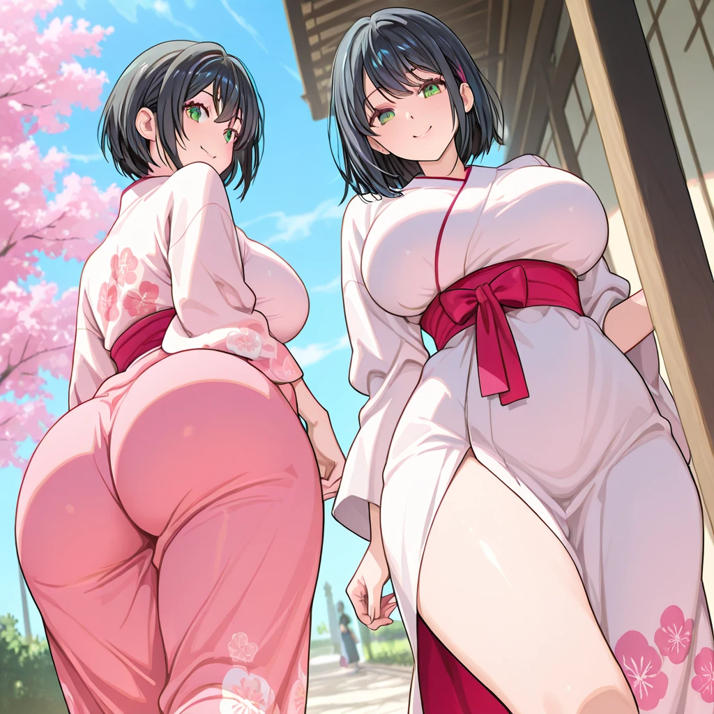 Two women standing (Next to each other:1.3) , Multiple girls,2girls,Looking at Viewer, Looking back, (Back-to-back:1.4)、(Backward perspective)、A dark-haired、((pink seduction background))、A sexy、Busty body、Big round buttocks、thin-waist、a closeup、(Luxury panties)、top-quality、Red face、Wriggle your hips、Stick your butt out、​master piece,hyper quality, Hyper Detailed,Perfect drawing,。.3D,8K,Illustration、Hi-Res、1 persons、japanaese girl、A dark-haired、poneyTail、Red ribbons、Cute even though her eyes are tight、Pose with buttocks sticking out、((fundoshi)),Back view、Detailed drawing、Best Quality, Capture super cute moments, depth of fields, ultra-detailliert,  High resolution, C4D, Octadale, 。.3D Modeling, 8K,Delicate and detailed depiction、Shooting from the back diagonally below、8K、moonlights、superclear、Full of charm、​masterpiece、high detailing、beatiful backgrounds、Detailed drawing、Functional、emotional,、