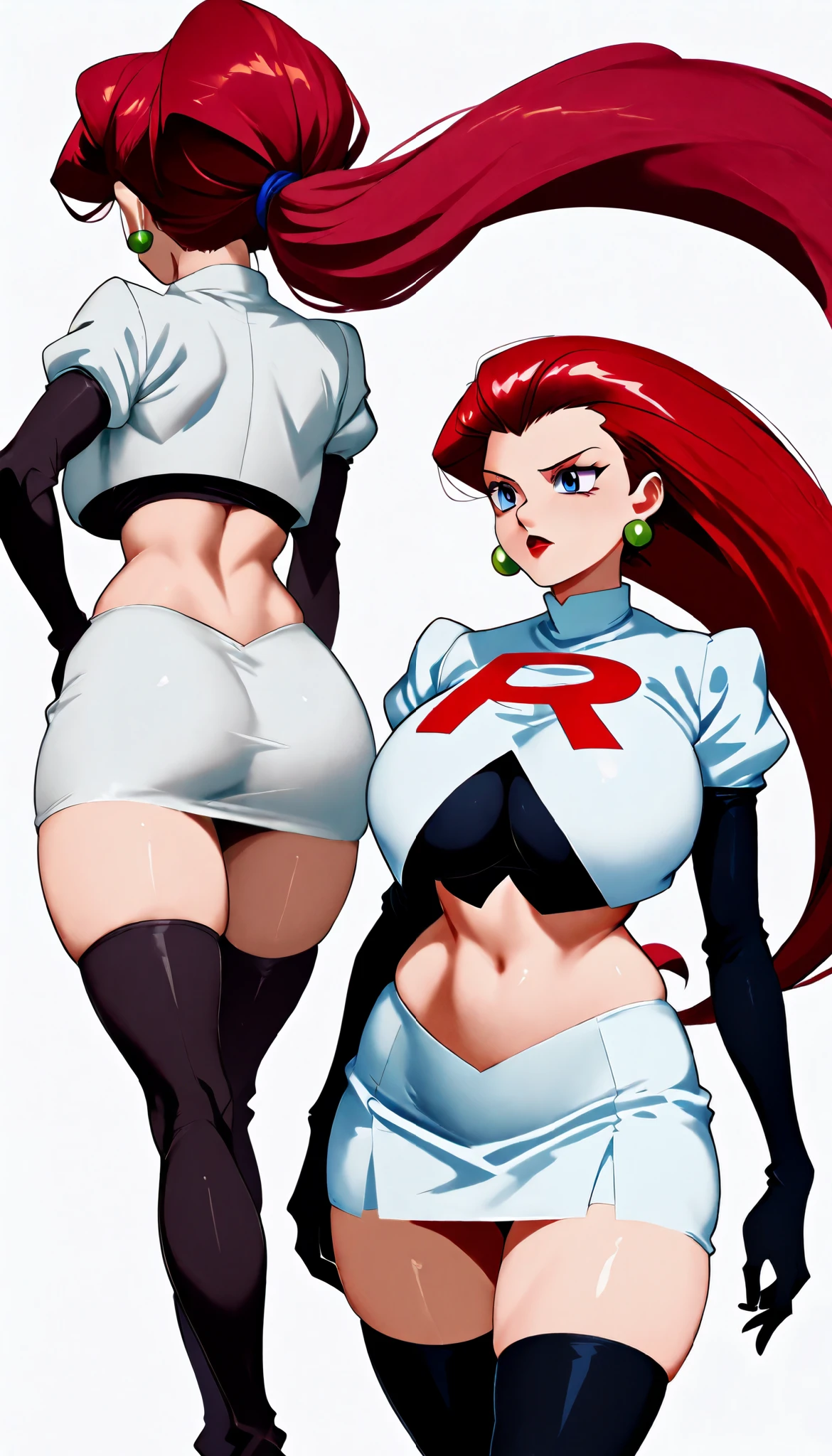 1 Jessie, turning side of body view. red hair, ponytail hair, red lipstick, blue eyes, earrings, wear team rocket uniform, red letter R, white skirt, white crop top, black thigh-highs, black elbow gloves standing on side of the body , big breast, Big cleavage, big hip, white background