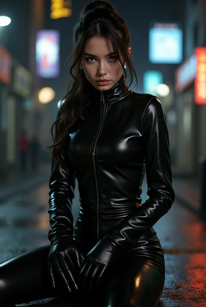 score_9, score_8_up, score_7_up, source_photo, (photography, realistic:1.4), High quality front view raw photo, (outdoor on the streets of Night City cyberpunk 2077, futuristic mega town:1.3), showing a beautiful glamorous rich brat model woman <lora:Gith:0.78> Gith, (pointed ears, spots on skin:0.8), flat nose, (green skin:0.7), (smile, grin:0.35), perfect face, great composition, cinematic lighting, 1girl, (front view of a beautiful female business woman night time, busy street, night city light, neon fog comming from the road, city lights in the background, tall skyscrapper:1.1), (realistic skin pores:0.6), dynamic lighting, (filmic, film grain:0.81), classy elegant ultra detailed hairs, (sophisticated woman:0.8), she is weaing <lora:0284 black bodysuit_v1_pony:0.65> ruanyi0284,choker,o-ring,belt,gloves,black bodysuit,platform heels,zipper,boots, (slightly blushing:0.8), <lora:add-detail-xl:1.1> <lora:Pony_DetailV2.0:0.5>, (intensity, wink blinking one eye:1.15), natural fit body, intricate background details, (dimly lit, dramatic lighting:0.3), impeccable, pristine, premium, elite, professionl outdoor photography, she is posing for a magazine cover, crouching, crouched, pointing at the viewer