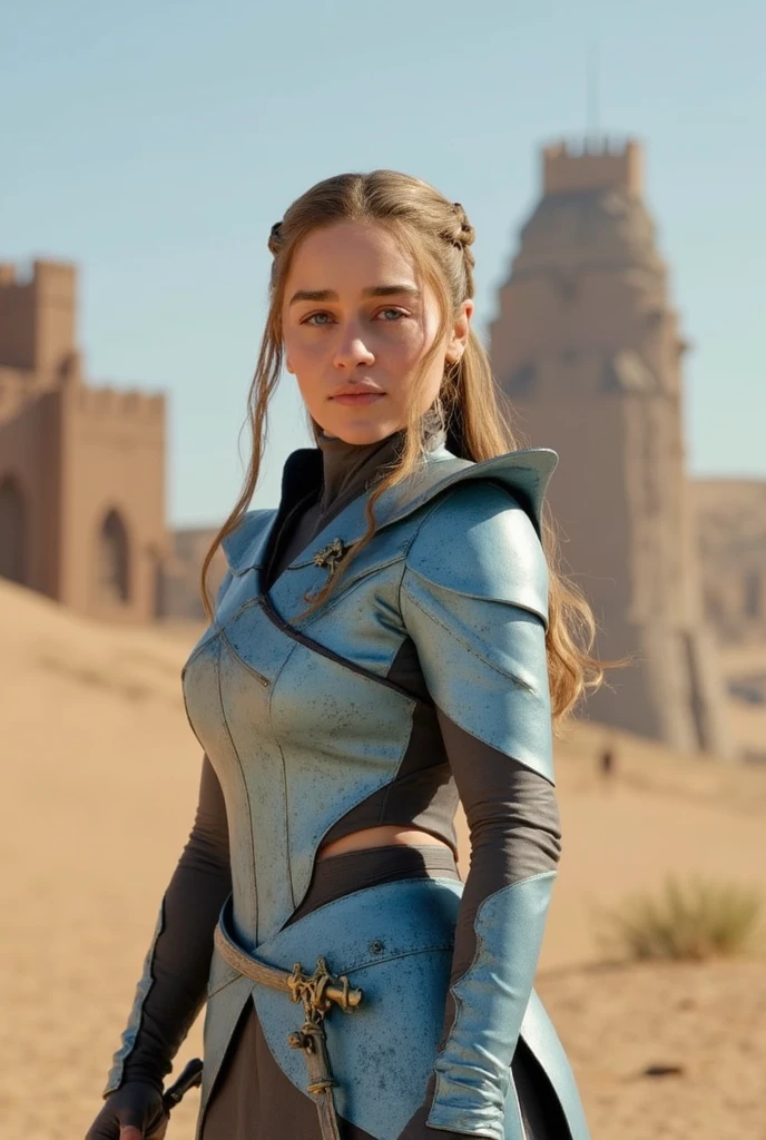 An illustrated movie poster, hand-drawn, full color, a teenage Jedi, 18-years-old, female, wearing a Sleeveless tunic, athletic hourglass figure, busty bosoms, full wide hips, massive round butt, long shapely legs, ridiculously thick powerful thighs, pale blue eyes, mousy brown hair, thick shaggy bangs, rosy sun-kissed complexion, freckles, resembles Margaery Tyrell, standing above Coruscant, graphite shading, stencil marks, airbrushed acrylic paint, masterpiece