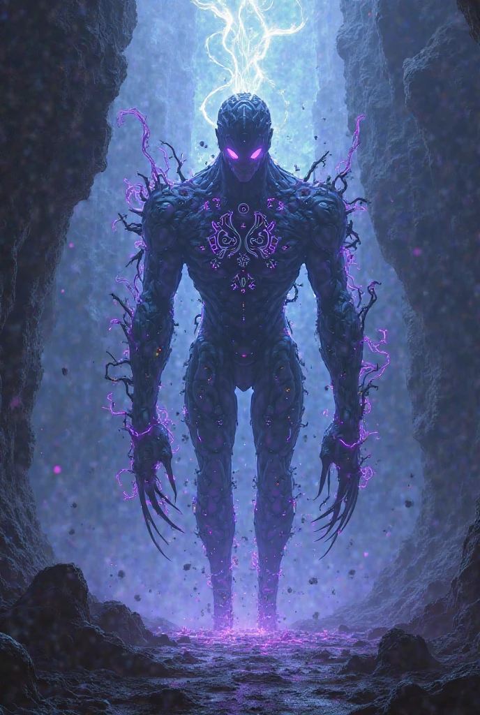 (((Highest quality)))(((Best Image)))外見は黒いfog,Put on your armor,Modern Battle Suit(((Appearance)))The shape is humanoid,Modern weapons(((Features)))Eyes glowing red,The shape is made of purple glowing matter..(((male)))The skeleton is human-like、Muscle fibers are visible.,fogのようなもので構築している(((background)))Barren Land,dead tree,fog,Chaotic world(((Standing posture)))Battle Scenes,overwhelmingly strong,Highest quality。