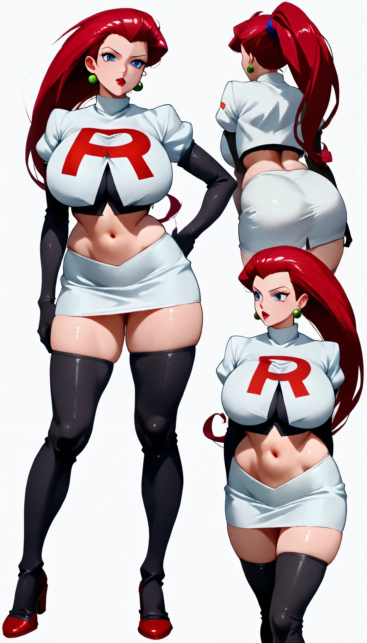 1dirl, white lab coat, lab coat, white glove, dark hair, red hair, long hair, blue Eyes, small horn, serious face, 19 years old, large , triple D cup breasts buttocks, bubbcks, wide hips, bs, fit and strong