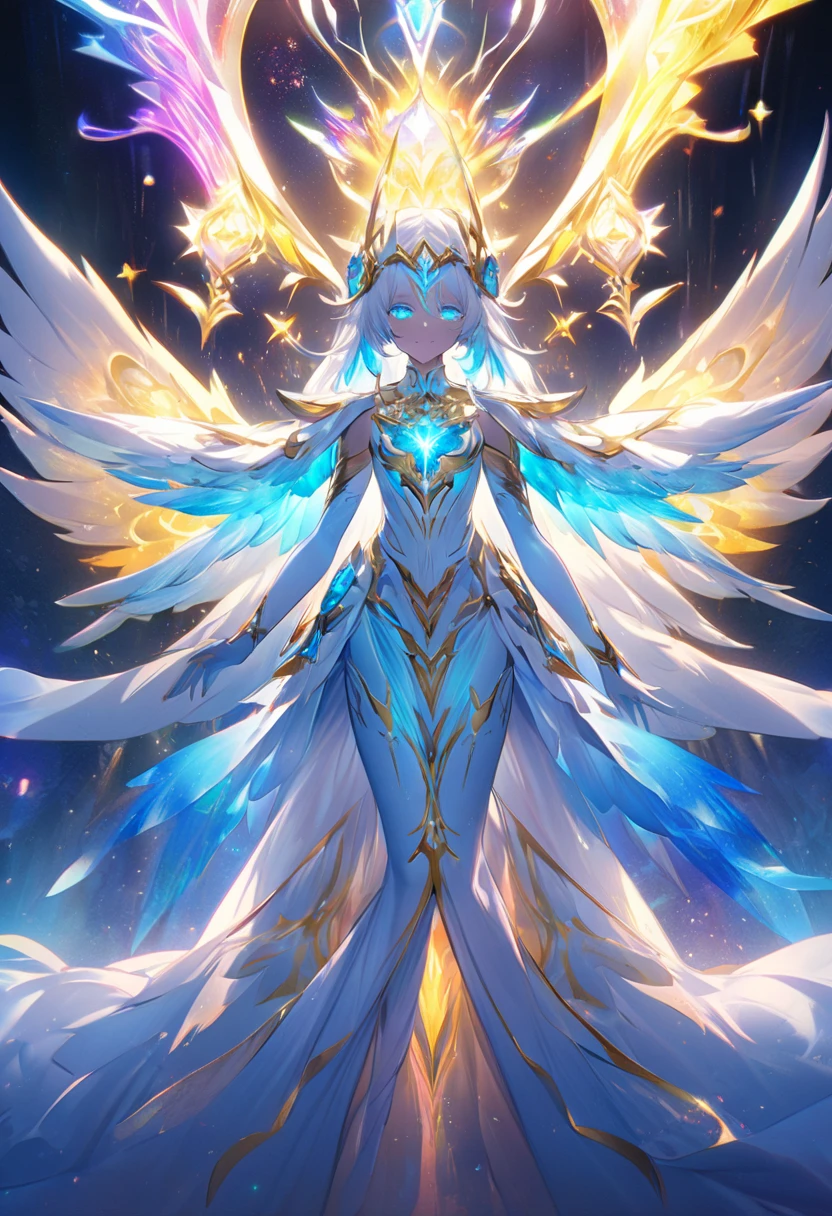 (masterpiece, best quality, Super detailed 8K Cg Unity wallpaper), Luminous goddess full body photo, (The body exudes brilliant light:1.5), ethereal existence, (Silk dress with ultra-detailed metallic pattern, full body view), Sparkling crystal jewelry, (sharp eyeliner, delicate eyes:1.1, platinum blonde), (crown:1.3, stunning luxury), Universe Background , (Powerful sunlight illuminates her position), (Magical lighting effects), Holding the scepter of light gracefully, (Divine light reigns:1.3), Stunning visual effects, dramatic lighting, cinematic