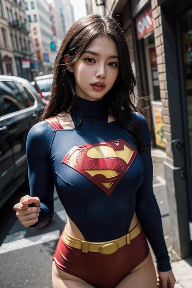 Chinese woman，Superman costume，cabellos largos dorados
