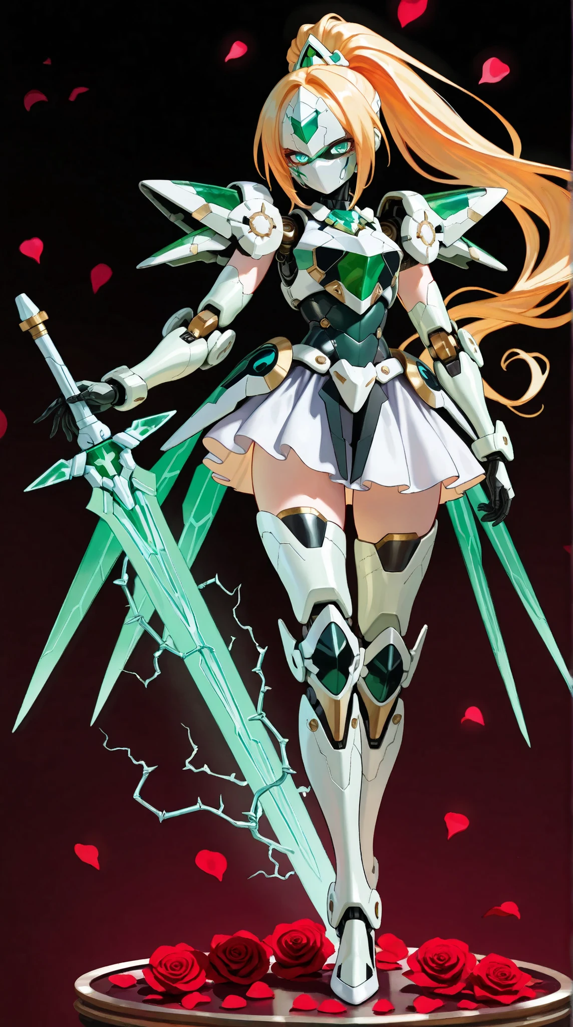 ((top quality)),( ultra high definition ),(very well detailed),( detailed description),(( best CG )),(masterpiece), Ultra Detailed Art ,Amazing Painting Art,(art with delicate details:1.5),  Female Robot, Full mechanical mask with a beautiful pattern, long ponytail, shining emerald eyes,  female mecha body, Mecha Knight Armor, Intricate engravings, multiple skirt armor, elegant leg armor, Night sword that emits powerful energy waves,   Rose Petals 