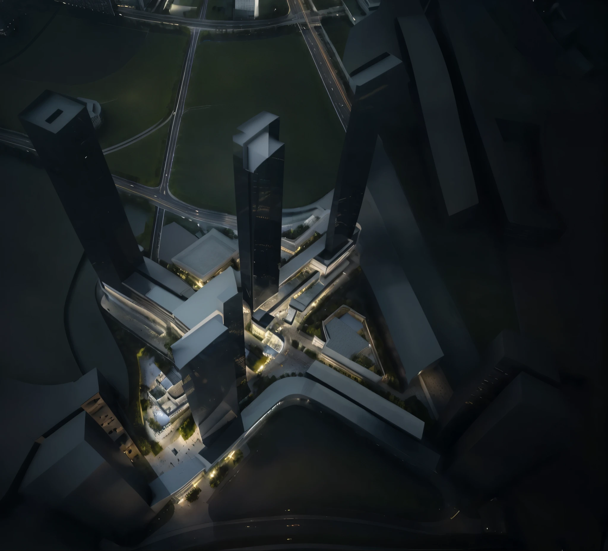 High-angle, ultra-realistic architectural rendering of a futuristic cityscape. Towering, slender black skyscrapers with evenly spaced horizontal bands rise in a meticulously designed, interconnected urban environment. The structures are made of sleek, modern materials such as polished black glass, matte metal, and smooth dark concrete, subtly reflecting the ambient light.
The city features elevated walkways, expansive plazas, and thoughtfully integrated landscaping, with lush green foliage providing a striking contrast against the dark architecture. The lighting is soft and diffused from an overcast sky, casting gentle highlights and subtle shadows that emphasize depth and realism.
The atmosphere is serene, futuristic, and highly detailed, showcasing an advanced urban design that blends minimalism with innovation. The bird’s-eye perspective captures the scale, geometry, and seamless integration of architecture and nature, evoking a vision of a sleek, sustainable, and highly sophisticated metropolis.