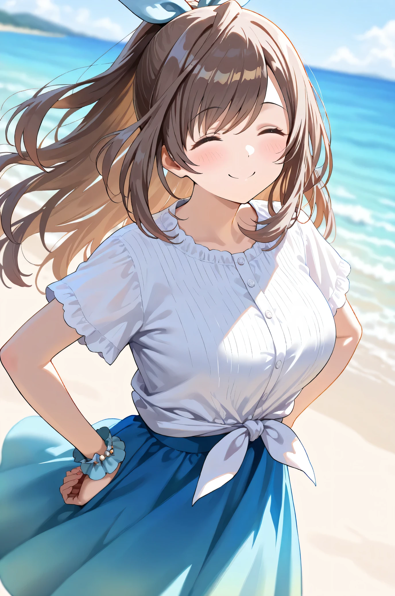 (Masterpiece:1.2), (Highest quality:1.1),
(Very detailed), (The best shape), (Best shadow), (Absurd), (Detailed Background), (So beautiful),
Shiny, Extraordinary, Countershading, 8k, 32K,
High resolution, Very Detailed CG, UHD,
Score_9, Score_8_up, Score_7_up, Source_anime,
(Pastel painting:1.2), (Watercolor painting:1.2),
(Masterpiece, Detailed:1.2), (Foreshortening:1.2),
Cinematic, Dramatic, (Depth of field:1.4),
(Blurry background:1.4), (Realistic background:1.4),
1 girl, Solo, Dynamic angle,
Outdoors, (Coast:1.2), Beach, Wind, (Blue sky:0.8),
Tsukioka Kogane,
the idolmaster shiny colors,
(Brown hair:1.1), Ponytail,
Hair ribbon, Light blue hair ribbon,
(Casual wear:1.3),
(Linen color shirt:1.4), Ruffled cuffs, (Shirt hem:1.2),
(Shirt with tied ends:1.3), short sleeves shirt,
Skirt, Blue skirt, (Gradient skirt:0.8),
Bracelet, Wear a bracelet on her right hand,
(Blush:1.3),
Close up shot,
A smug expression, doyagao, Hands on hip, Be proud,
(Closed her eyes:1.4),
Focus on face,
Realistic skin,
Shiny skin,