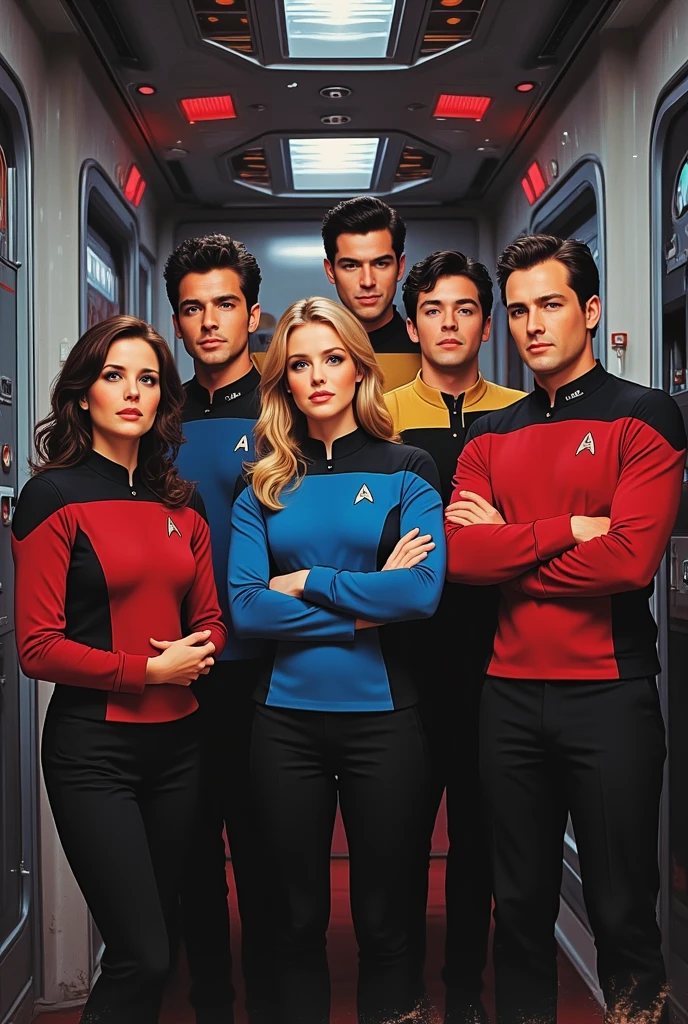 Depict the characters of "Star Trek: The Next Generation" in a playful and exaggerated cartoon style, emphasizing their unique personalities and humorous interactions. Draw inspiration from cartoonists like Mike Mignola or Bruce Timm.