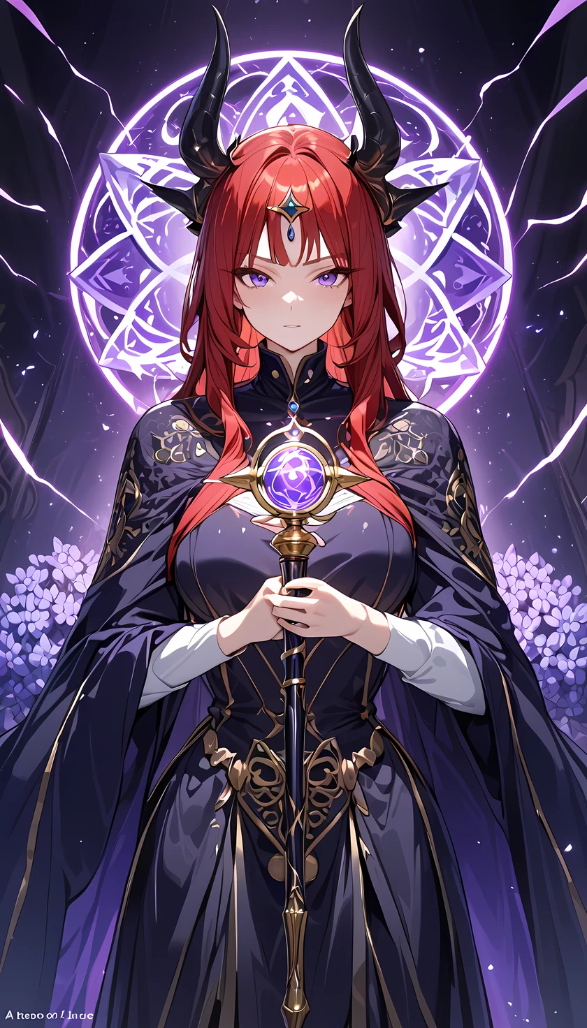 (((Best quality, 8k, Masterpiece: 1.3)), ((best quality)), ((masterpiece)), (detailed), perfect face, perfect body, (detailed skin:1.3), (intricate details), Witch, adult woman, deep blue robe, background (violet flames), hair ornament with hyacinth motif, Light vortex, magic, powerful magical power, A strong gaze, a sense of superiority, red hair, Wizard's wand