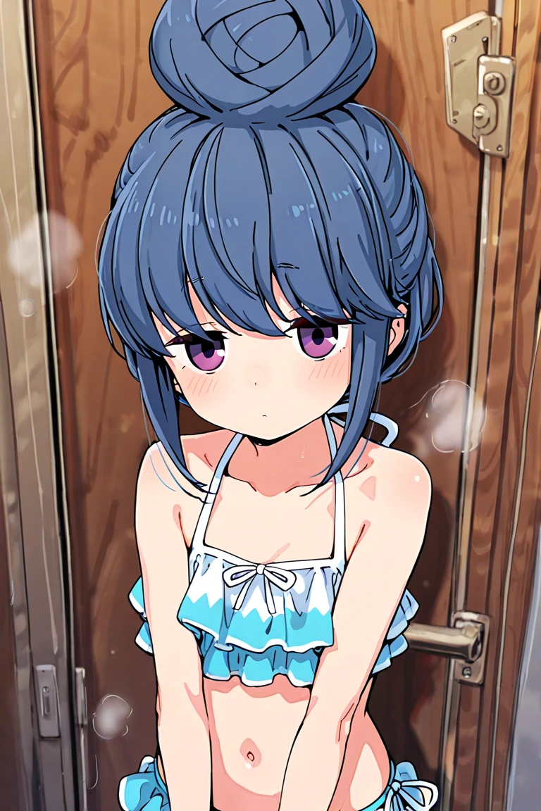 (Ultra bright color, Masterpiece, Best quality, blossom, Warm, soft light, modern, Hi-tech), 1 girl, One, standing, (In the shower background:1.4), beautiful detailed face, slight smile, (blue) Medium hair, (detailed (blue) Ruby eyes), young, blue tie, small breasts, fully naked, only in the locker