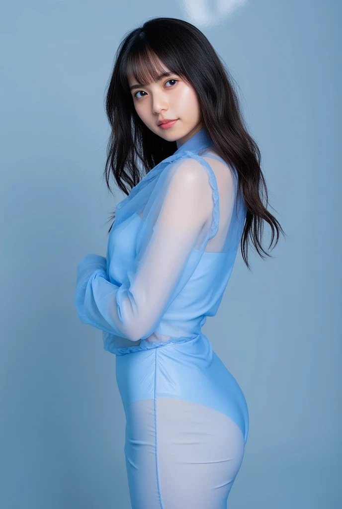 dominican, visible from a white shirt (((masterpiece, highest quality)), yoga white pants, wearing general zod costume, 1 girl, (photorealistic: 1.4), sinister, blue eyes, smiling, solo, white background, black hair, wavy hair, absolute area, skirt, ((full body)), HD, high quality, very detailed, hyper realistic, outer space, cinematic video, dramatic
