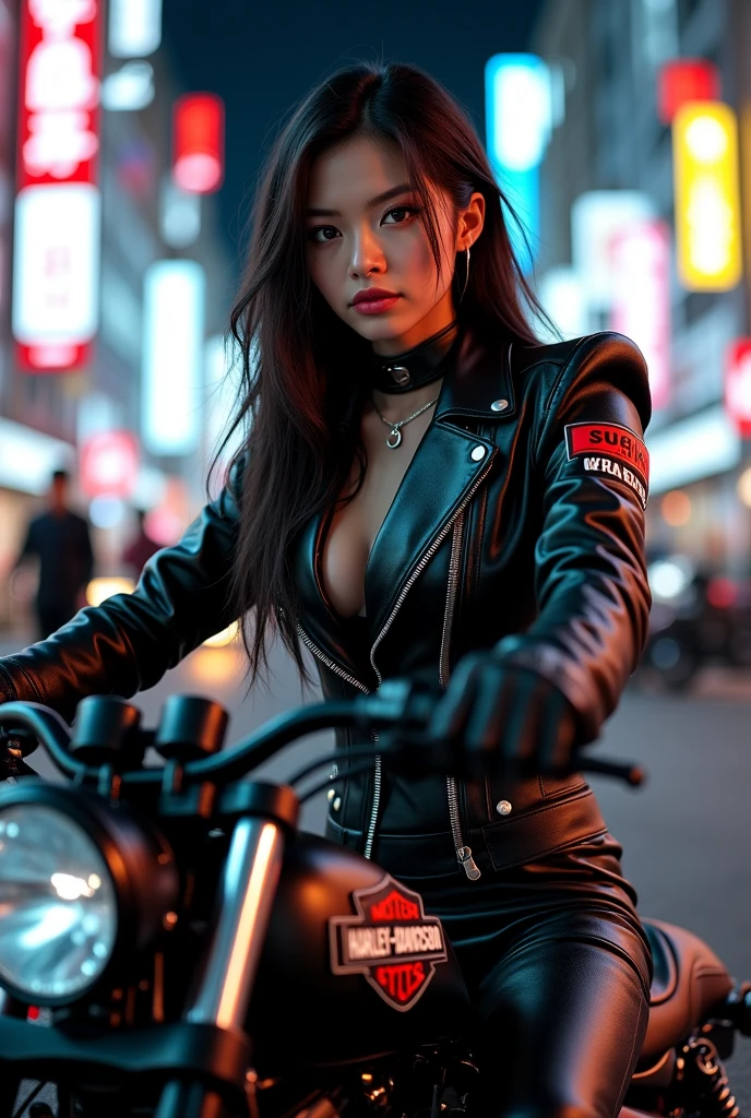 ((Highest quality, 8k, masterpiece :1.3)), 1 Female, Age 30,Ladies Bosozoku , Japanese, Red lips, Photographed from diagonally in front, Leather jacket,Lace panties,Knee pads, Get on a bike, Tattoo, Japanese flag, Brown Hair , Realistic, background:Night National Highway