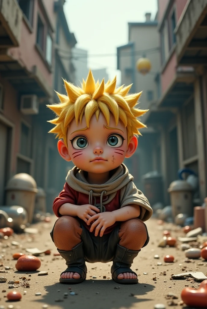 Naruto baby working on the street sad realistic 3d 