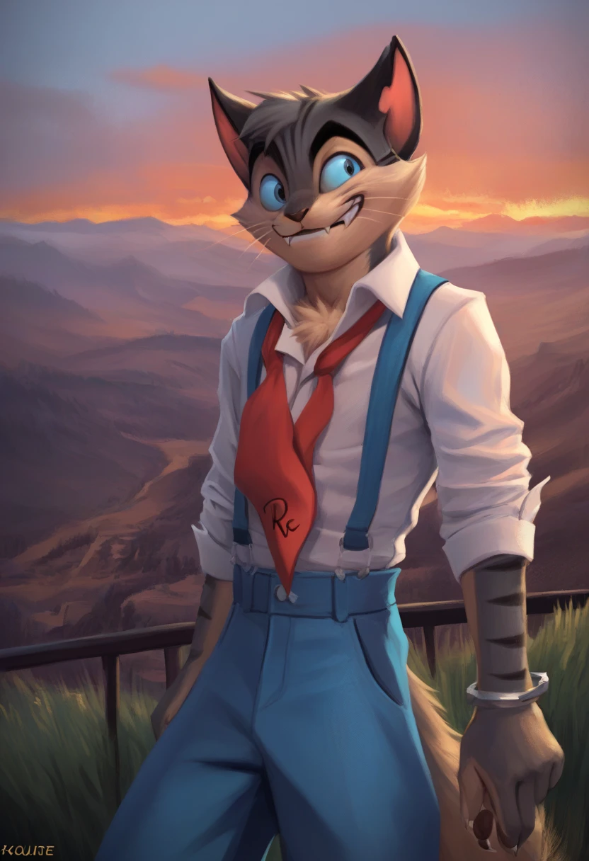male anthro, (((Nico))), cat boy, furry (fluffy body, detailed fur, white face, white body), BREAK, cat ears, short gray hair, thick eyebrows, (detailed yellow eyes, colored sclera), short snout, whiskers, ((looking at viewer, confident, smile)), BREAK, muscular male, solo, biceps, detailed hands, white body, pecs, BREAK, ((red kerchief,  vest, white shirt, brown pants)), outdoors, swamp, nenuphar, bayou, BREAK, by einshelm, by einshelm, by meesh, by pino daeni, highly detailed background, detailed bonifasko lighting, (sunny day, detailed ambient light), (belly light), (hires, 8k, ((masterpiece))), [front angle view], <lora:nico-10:0.8>