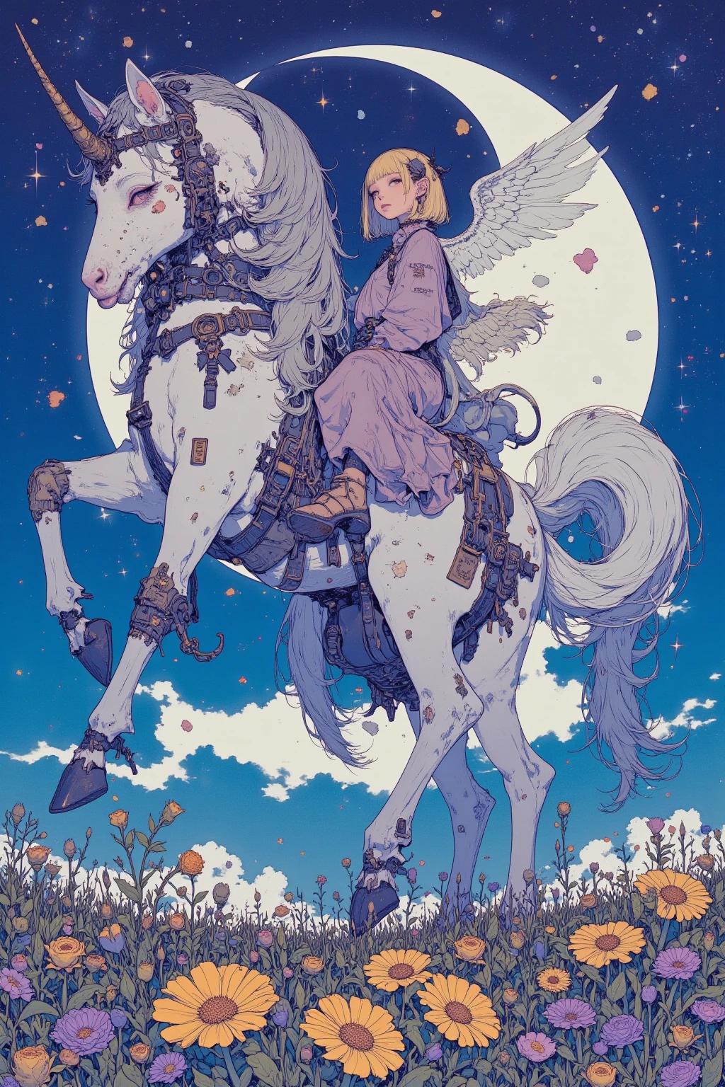  There is a picture of a girl sitting on the back of giant a peculiar unicorn with wings,On a Violet-Blue Crescent Night , An elaborate painting inspired by Paul Ranson , polycount,   naive art ,  Additional Details ,  graphic details , Stylized Paintings , Detail shot, fake hidden detail,  mythical flower hill , Blurred、 dreamy illustration ,  middle close-up ,  middle close-up  shot,