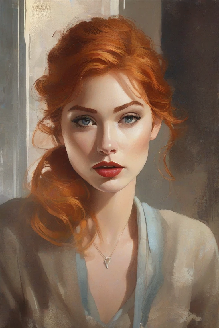 oil painting,x 1girl, solo, shirt, red hair, realistic, long hair, looking at viewer<lora:oil:0.7>
