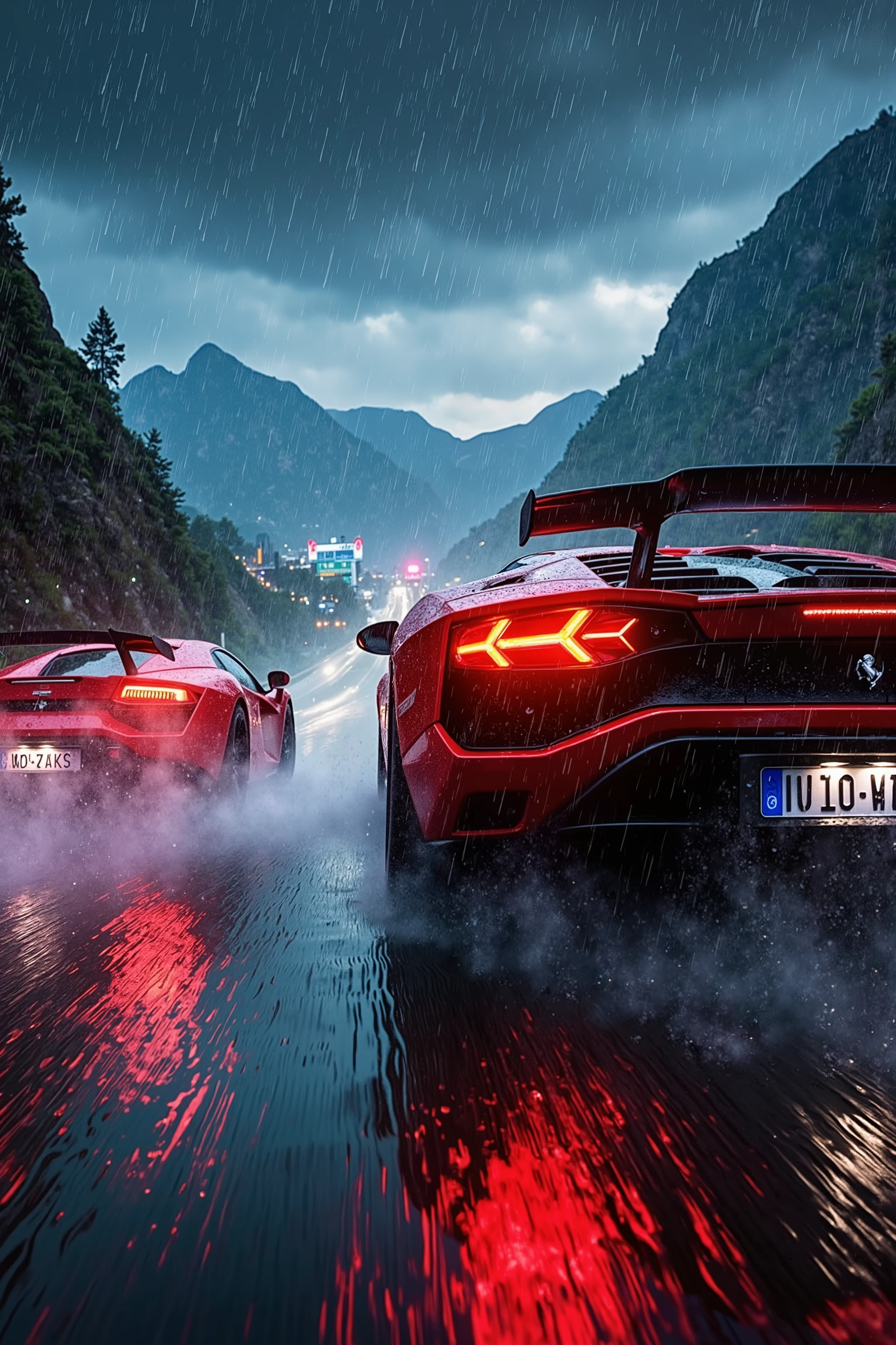 A hyper-realistic photograph of two exotic sports cars, a Lamborghini and a Ferrari, racing through the winding curves of a rainy mountain highway at night. The wet asphalt glistens, reflecting neon city lights in vibrant hues of blue, pink, and purple, creating a cyberpunk aesthetic. The red and white streaks of the cars’ taillights enhance the sense of speed and intensity. Heavy rain pours down, with water spraying from the tires as they grip the slick road, and droplets frozen mid-air. The misty atmosphere blurs the distant futuristic city skyline and mountain silhouettes, adding a dramatic and cinematic depth. The cars’ headlights pierce through the stormy darkness, casting sharp beams that illuminate the road ahead. The composition is dynamic, taken from a low-angle tracking shot, with motion blur on the background while the vehicles remain razor-sharp, capturing the raw energy of the high-speed competition.
Created Using: hyper-realistic photography, cinematic lighting, dramatic contrast, ultra-sharp details, motion blur background, heavy rain, neon reflections, cyberpunk atmosphere, exotic supercars, automotive action photography, Larry Chen/Tim Wallace style, HD quality, dynamic framing.
