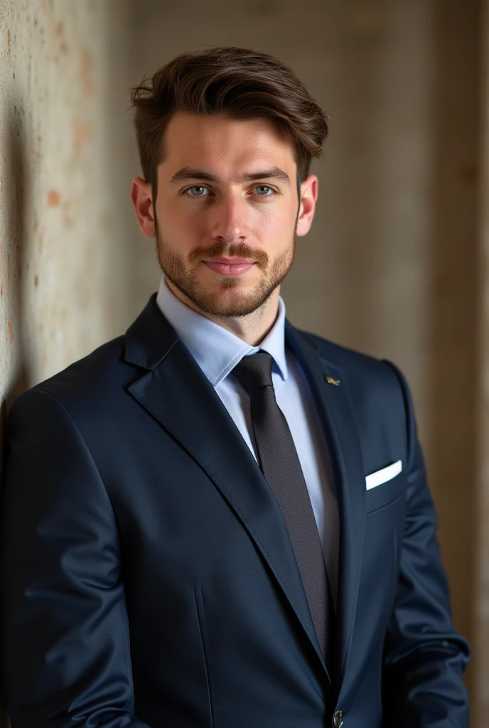 un homme de 30ans, marié, professeur d'histoire, passionné par son métier, charismatique, innovant et intelligent, un peu égoïste et impulsif, visage jeune, silhouette dynamique et mince, cheveux brun court en bataille, yeux brun expressif, assez grand en taille, porte un costume