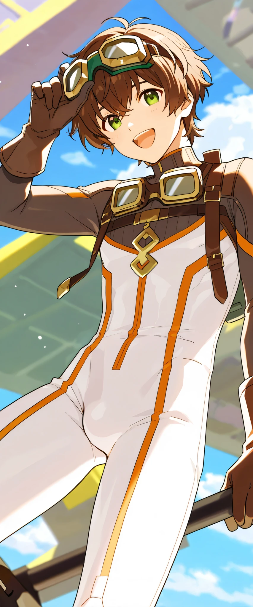 a boy, short hair,boy in a bodysuit, stands,cute,A with brown hair in white stockings,happy,Goggles,Boys