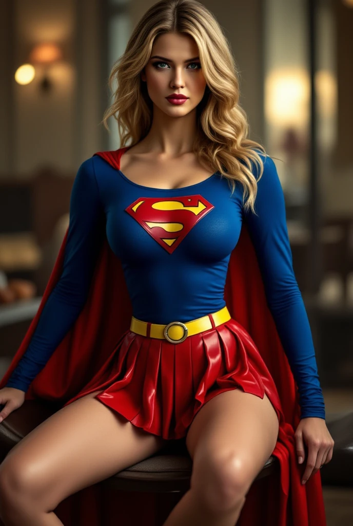 A SEXY BUSTY BLONDE TEEN FEMALE WITH BLUE EYES WEARING A 1970 SPLIT OPEN V BUTTONLESS FULL LENGTH BLUE V BLOUSE WITH A "S" EMBLEM ON THE RIGHT SIDE OF HER CHEST, A PAIR OF RED LEATHER SHORTS WITH A YELLOW SUPERMAN BELT, TALL RED HEELED BOOTS, AND A LONG FLOWING RED CAPE. PHOTO REALISTIC, HYPER DETAILED AND TEXTURED.
