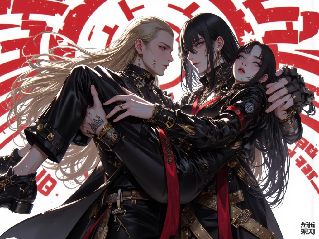 1woman and 1man, ((two people)), long wavy hair, swept bangs, golden eyes, fake smile, unnerving smile, black turtleneck, pirate coat, dark sky, pretty eyes, sitting