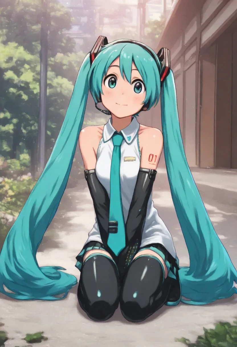 <lora:TGSTheGoofySmurf:1>, 1girl, hatsune miku, aqua hair, long hair, aqua eyes, solo, solo focus, outdoors, tree, grass, medium breasts, thick thighs, wide hips, pelvic curtain, looking at viewer, side slit