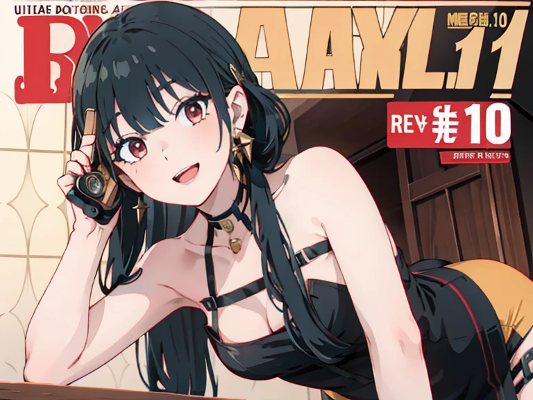 masterpiece, best quality, solo, random pose, sexy pose, seductive pose, ((white background)), hand on own chest, black highleg micro bikini, dutch angle, thong, magazine cover, on back, wavy hair,