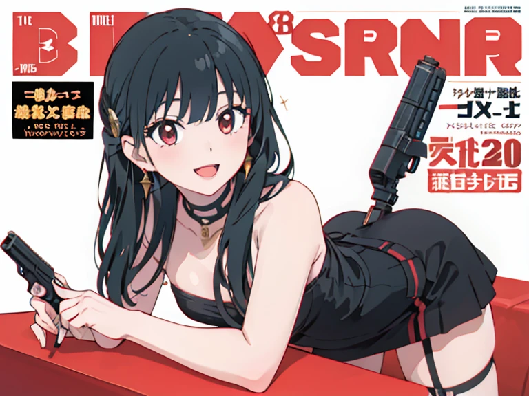 (masterpiece:1.2, best quality), (highly detailed:1.3), (magazine cover), 1girl, 18yo, teen, (black panties), (black bra), overknees, (holding a gun), serious, white background,