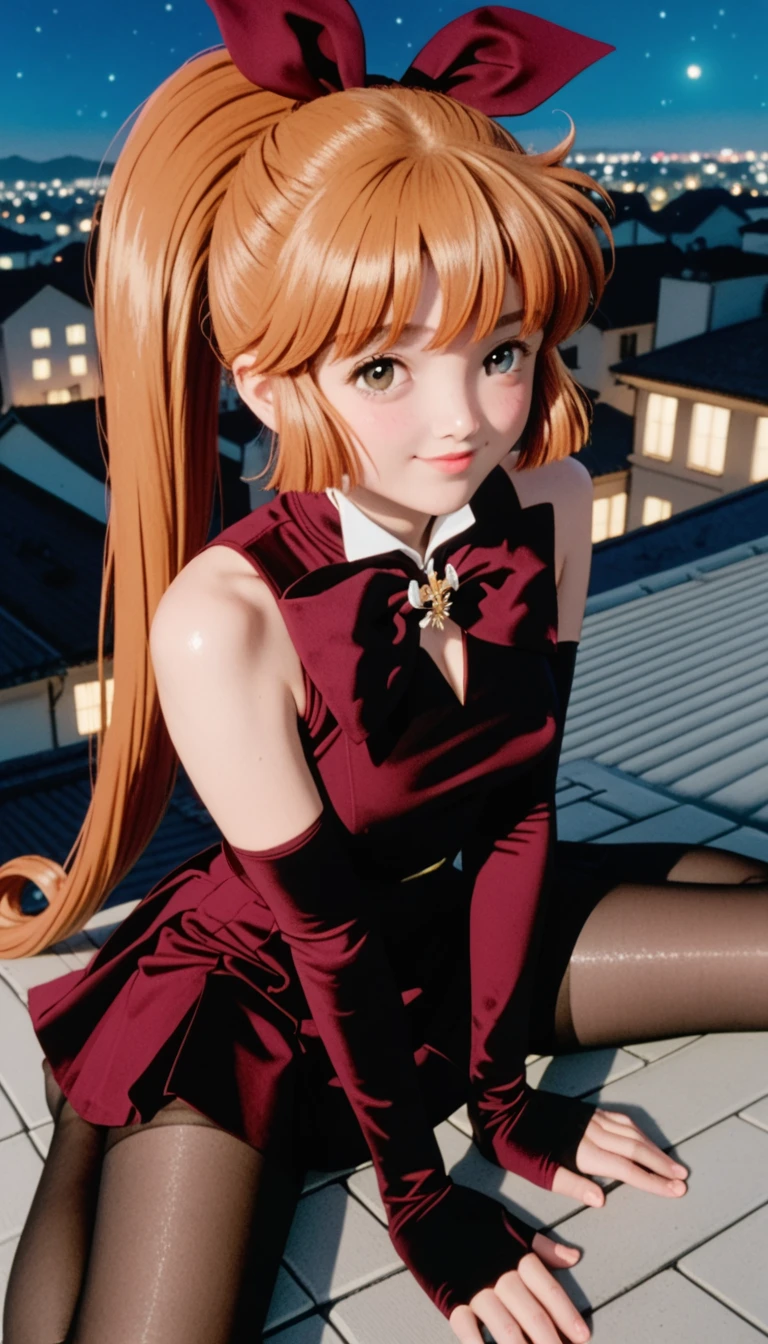 masterpiece, best quality, highres, 1girl karino shuka blonde hair twin braids, red scrunchie collarbone red dress sleeveless frilled dress pantyhose <lora:karino_shuka:1> hands on hip, smile, (photorealistic:1.0)