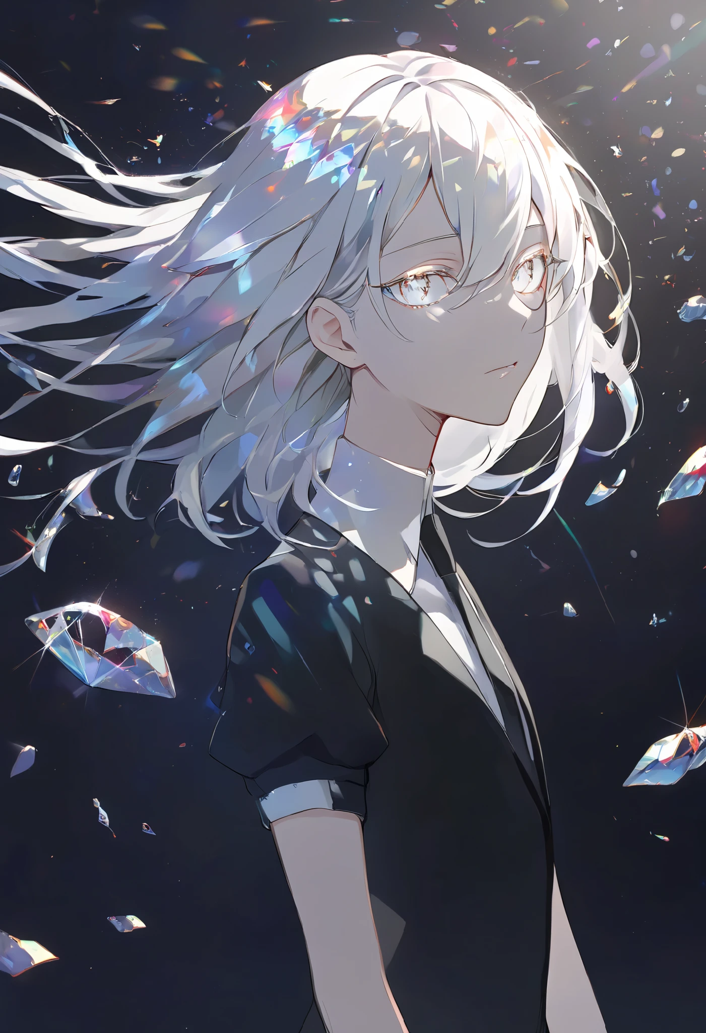 Beautiful, solo, long hair, white hair, silver eyes, white shirt, black suit, short sleeves, houseki no kuni, gem, crystals