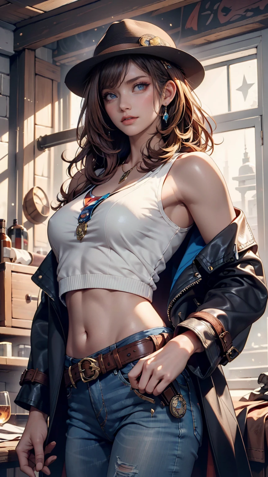 (masterpiece, 8k, 4k, extremely detailed, dynamic shading, best quality, absurdres:1.4) <lora:more_details:0.6> 1girl, milf, mature, (huge tits:1.1), <lora:squall-nvwls-v1:0.8> squall, scar, necklace, cropped black jacket, fur trim, (cropped white t-shirt:1.3), midriff, open jacket, black leather pants, high thong strings, black gloves, (multiple belts:1),