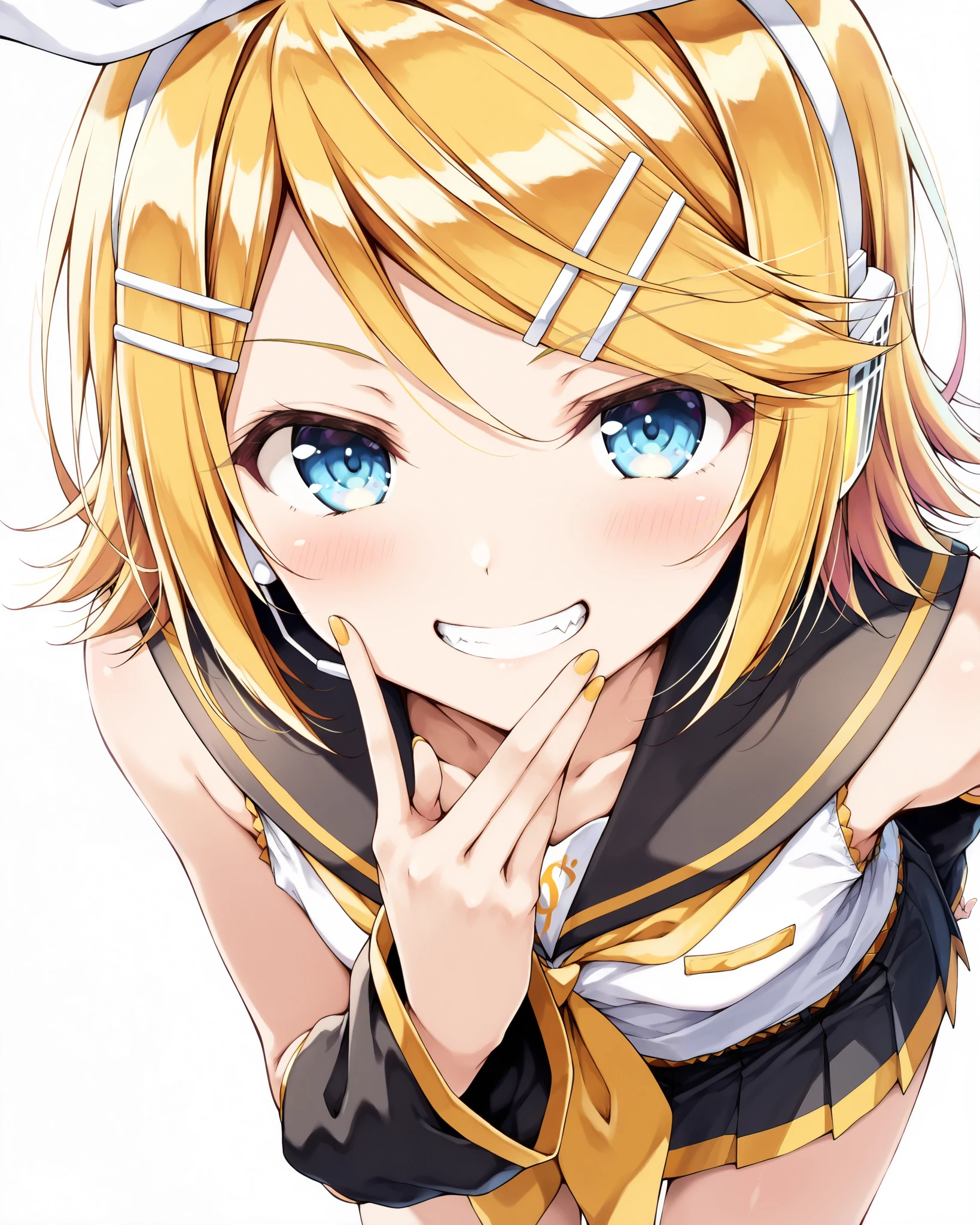 score 9, score 8 up, score 7 up, ultra-detailed, (best quality, masterpiece, ultra detailed, ultra high res, absurdres, high-resolution, highest quality, very aesthetic, textile shading), source anime, (detailed eyes), (detailed face), simple background, white background, BREAK, (suien), 1girl, solo, (kagamine rin), mesugaki, naughty smile, grin, blush, hand to own mouth, looking at viewer, miniskirt, leaning forward,