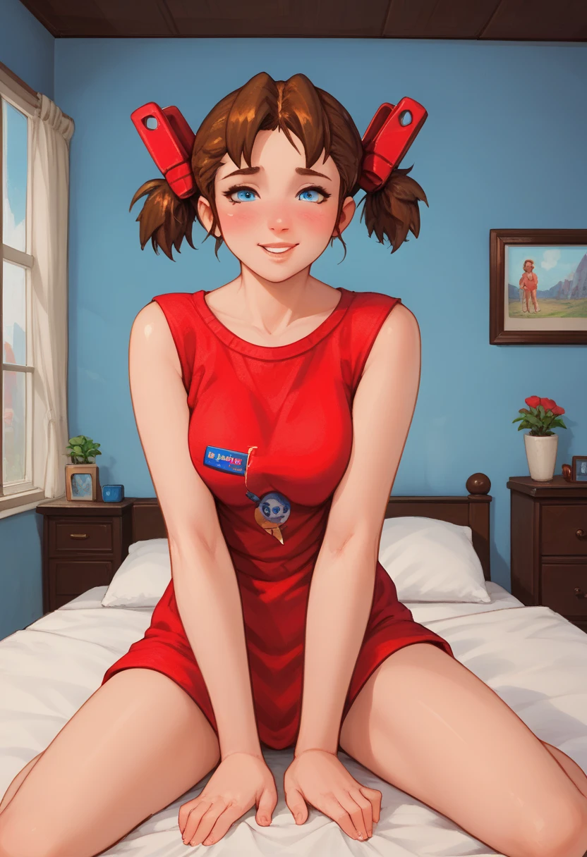 android, beautiful robot makes hard masturbation, she gets orgasms. Her short pigtails, brown hair, Hair tie with two big red clothespins, big smile, brown hair, middle age, joint seam, blue eyes, full body figure, Height: 160cm, She wears only Light beige micro mini pantie, fluttering skirt, skirt folds, white retro swimwear, Uplifting, 2020s anime style, 21thcentury japan animation, show White pantie, strong wind is blowing.