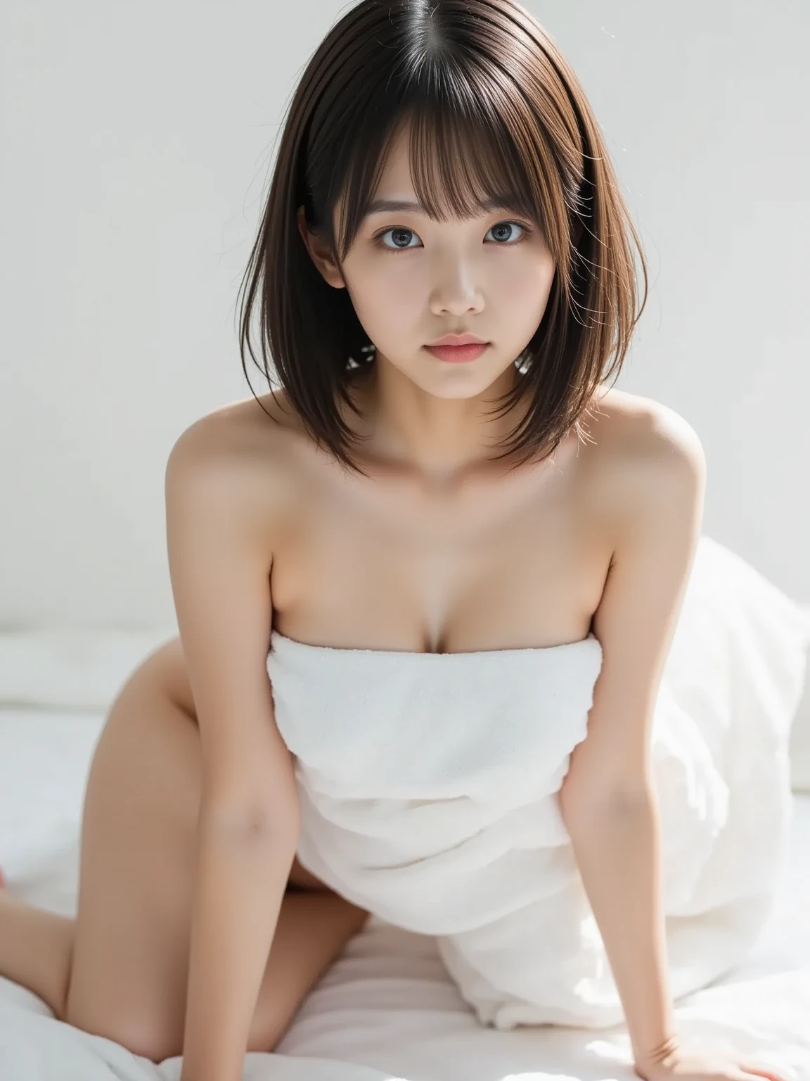 1 girl, 20-year-old、(small, Flat Chest:1.5)、((((white ecchu loincloth:1.0))))、 (Looking into the camera)、Beautiful Japanese actresses, Whole body images、((Hide the udder:1.5))、
Photogenic, Yukihime, Long eyelashes, Snowflake Earrings,
(RAW Photos, Highest quality), (reality, reality的:1.4), (flying debris), 
Beautiful details, Beautiful lip detail, Highly detailed eyes and face, 
BREAK is perfect anatomy, The whole body is thin, small breasts, (short hair:1.3), Angel&#39;smile, 
Crystal Skin, Wake up, Capture the light、((Showing off your loincloth:1.0))、Your butt is completely visible