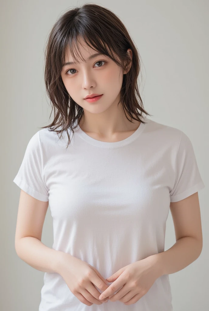photorealistic, Photography ,BREAK, short hair woman, standing in front of a full-length mirror taking a (selfie:1.5),(white-Tshirts and denim pants), in simple bedroom , white background, (short hair), BREAK, 8k , LAW , best-quality, masterpiece, hyper realistic detail shiny skin , natural shading , realistic shadow, BREAK (hyper realistic detail shiny skin, detailed skin, detailed hair, ultra sharpness, intricate details), perfect anatomy