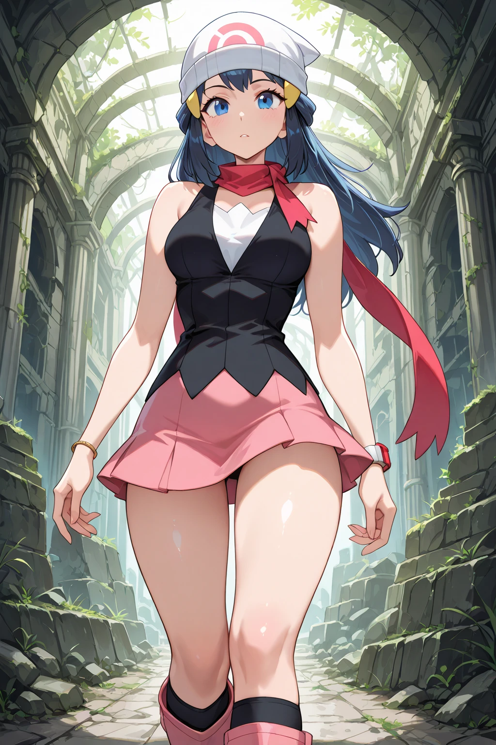 1 skinny girl, solo, light blue hair, (side face:1.5), (side view:1.3), BREAK, (red headband:1.2), BREAK, (dark purple eye:1.4), bending back, looking at viewer, BREAK, black plunging neckline short dress, dark yellow cropped jacket, black thighhighs, BREAK, (bouncing unaligned long huge breasts:1.6), very short torso, (inconceivably narrow waist), thin long legs, BREAK, (show off crotch:1.4), BREAK, strong wind, (slipping hip 1.2), cleavage, BREAK, {nsfw}