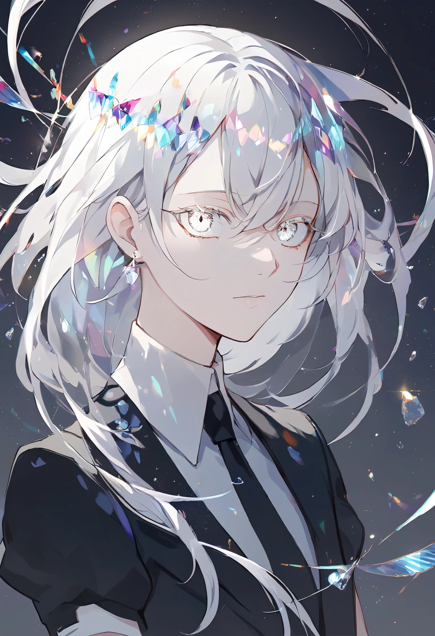 Beautiful, solo, long hair, white hair, silver eyes, white shirt, black suit, short sleeves, houseki no kuni, gem, crystals