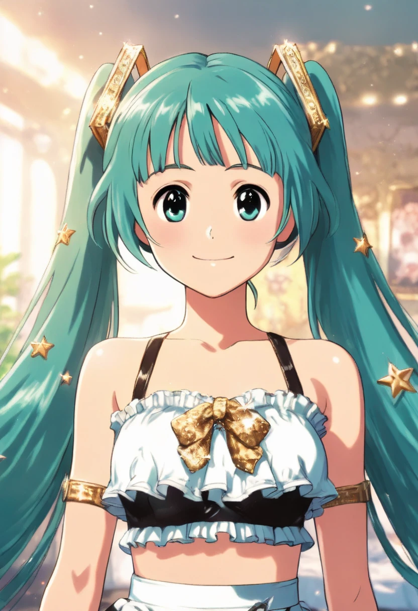 ( masterpiece、 top quality、 top quality、Official Art、 beautiful and beautiful :1.2)、(one girl:1.3) Hatsune Miku、twintails, beautiful breasts,Beautiful 18 year old girl, big eyes, bigger breasts in bikinis, Small and slim, 8k, top quality, ( very detailed head: 1.0), (very detailed face: 1.0), (highly detailed hair: 1.0), maid clothes, 非常に詳細なOfficial Artワーク, Anime Moe art style, clean and detailed anime art, smile, Gold, Sleek and long hair