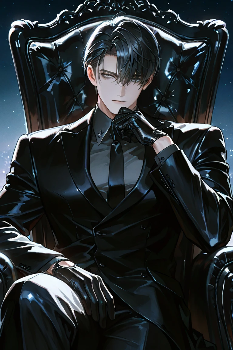 (absurdos, high resolusion, ultra detallado), 1 hombre, adulto, guapo, Cara sin pelo, Chico alto y musculoso, hombros anchos, ojos finamente detallados y rostro detallado, cabello de color ?????, ojos grises, fantasy, gorgeous background, trono, Magic effect, Fuego